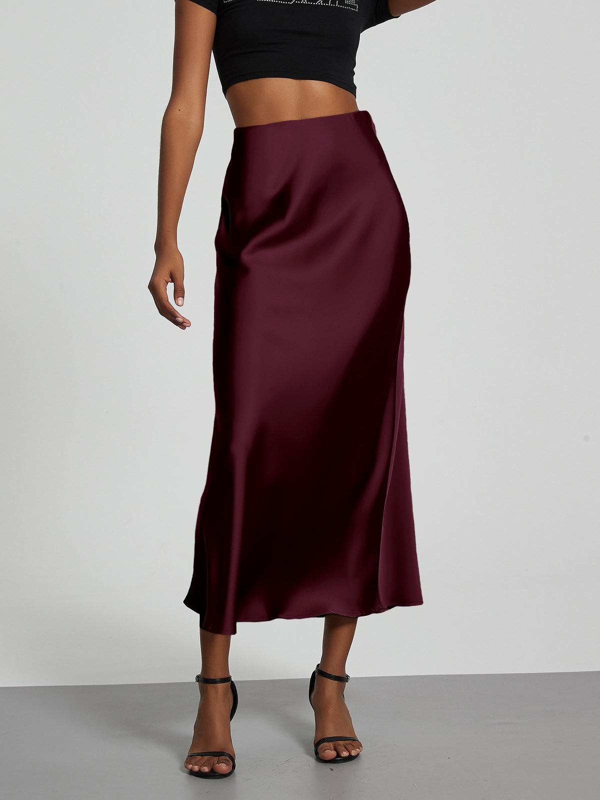 Satin midi skirt in navy blue, full length