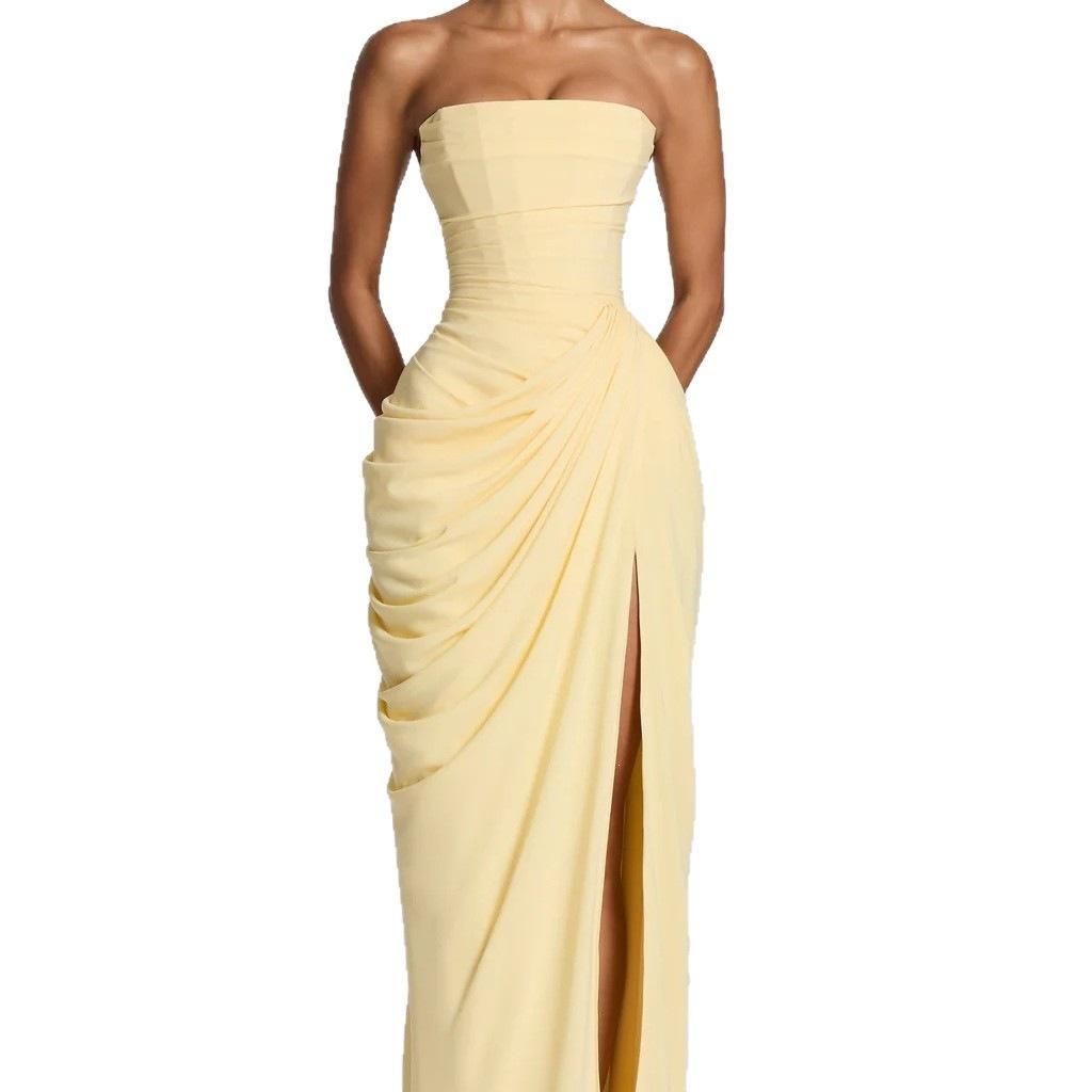 Reverie Strapless Slit Dress in bright yellow
