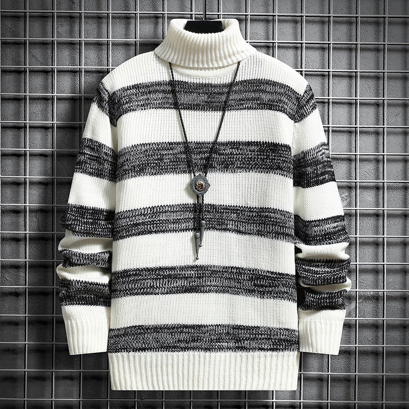 Close-up of the high collar on the striped sweater