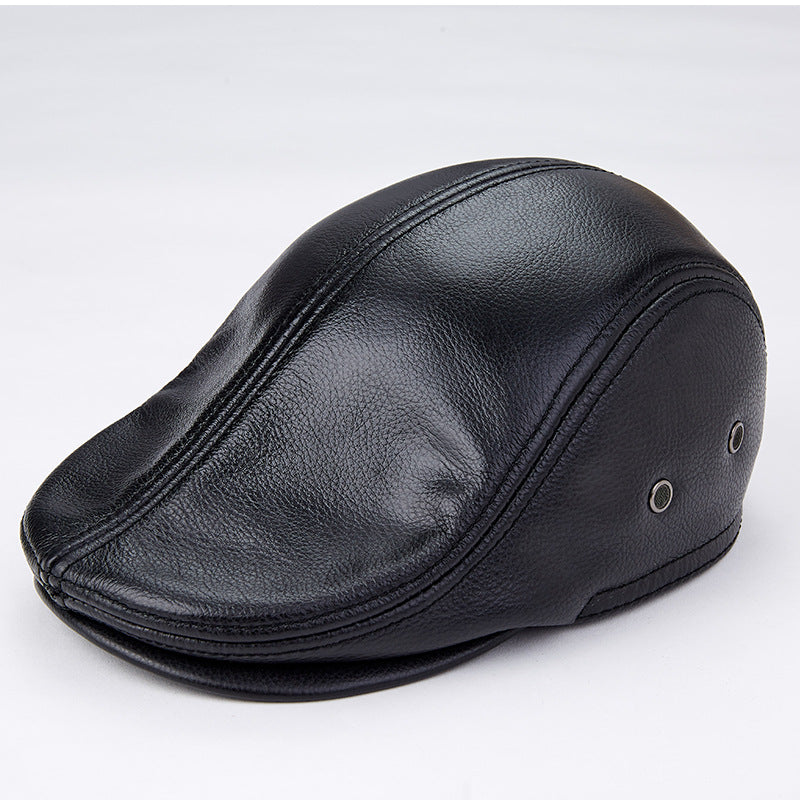 Leather Beret with Ear Flaps - leather texture close-up
