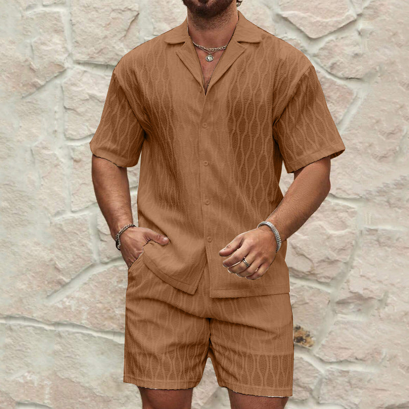 Loose Casual Two Pieces Lapel Button Shirt and Shorts — fabric detail