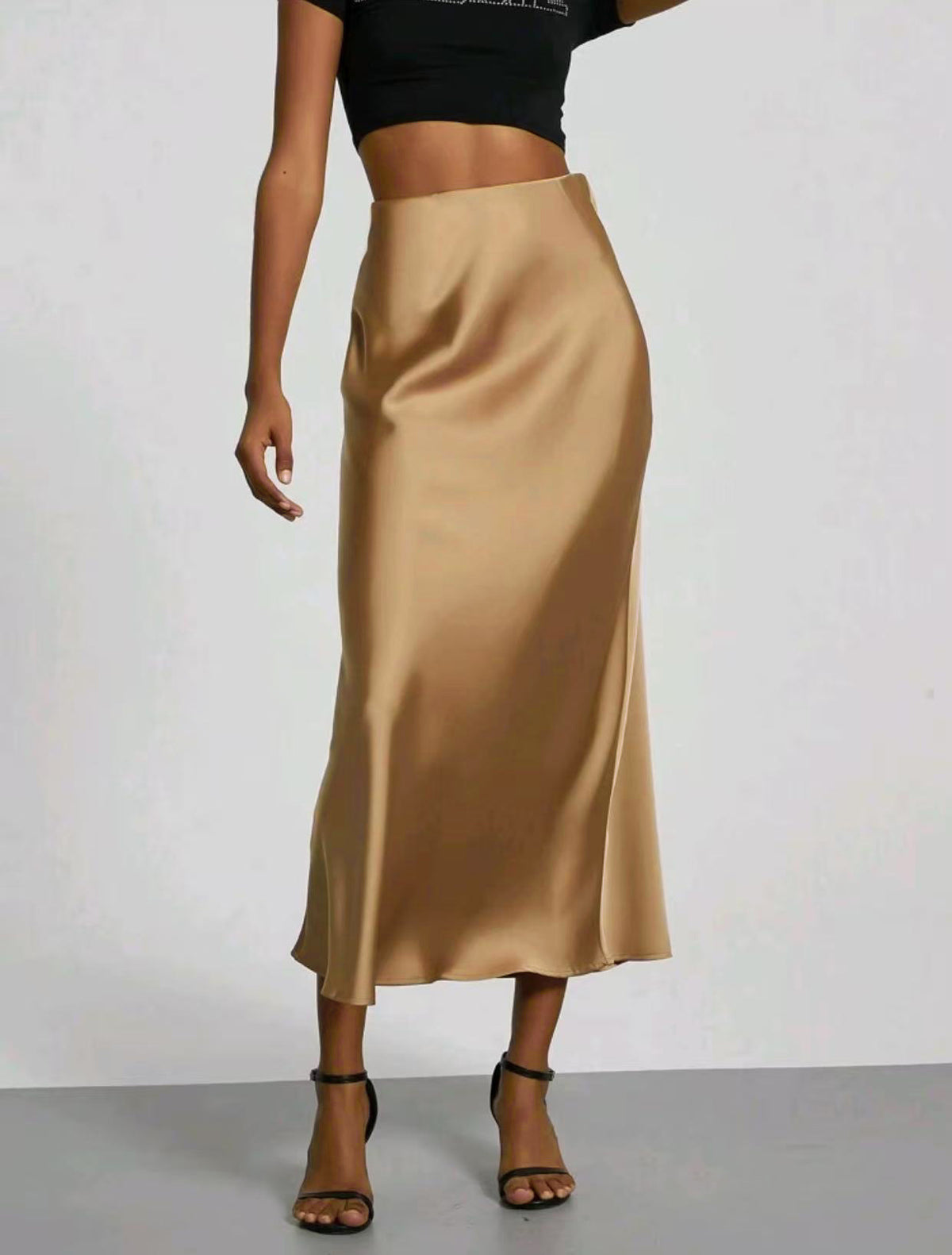 Satin midi skirt in white, front view