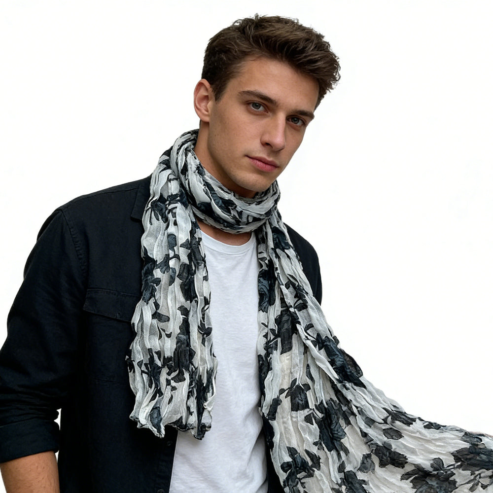 Monochrome Crinkle Scarf with black and white crinkle texture, view 1