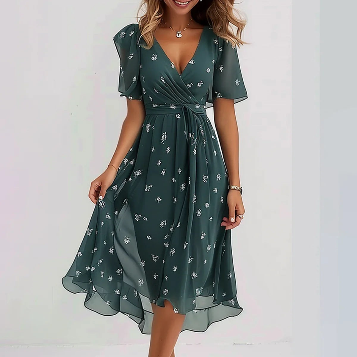 Breezy Chiffon Midi Dress in watercolor floral print
