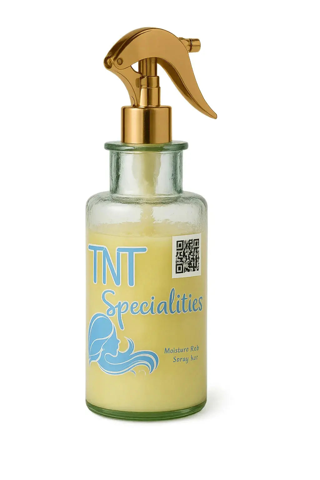 Glass bottle of TNT Specialities moisture rich spray with gold pump, hair care product.