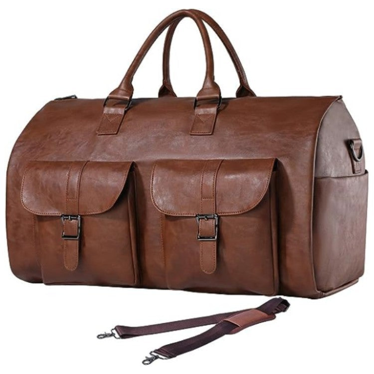 Folding travel duffel bag in brown, side view