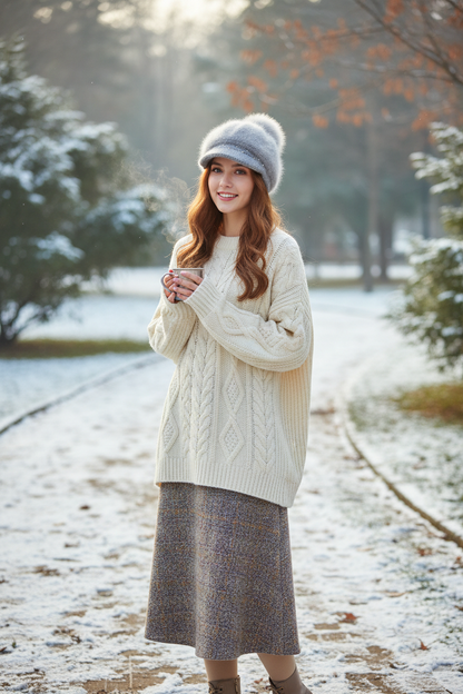 Undefyning Lynes Fox Fur Ball Knit Cap — Women's Rabbit Fur Peaked Hat