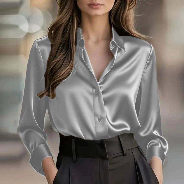 Satin Collar Button-Up Blouse - collar detail