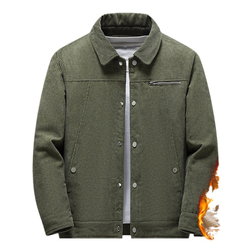 Retro lapel corduroy jacket in khaki, front view