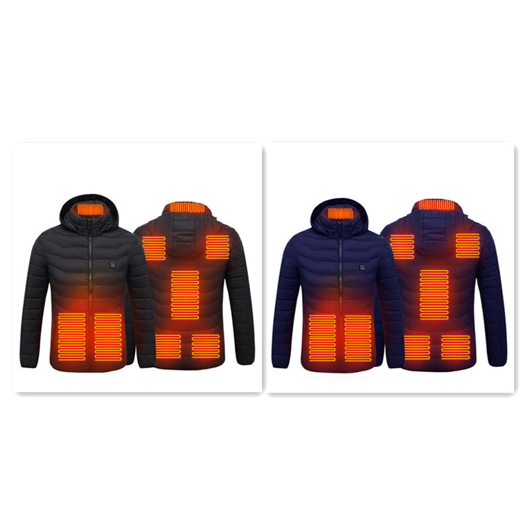 Heated jacket worn outdoors in cold weather
