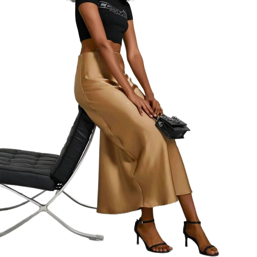 Satin midi skirt in pink, full length view