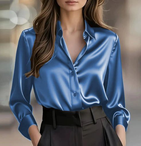 Satin Collar Button-Up Blouse - satin fabric close-up
