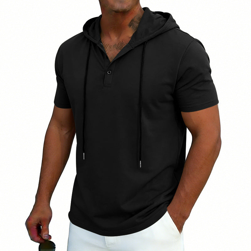 Black men's Henley-neck hoodie T-shirt with drawstring short sleeves, from Dropshipman, featuring a casual hooded polo style.