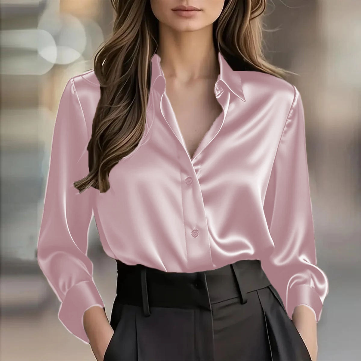 Satin Collar Button-Up Blouse, view 18