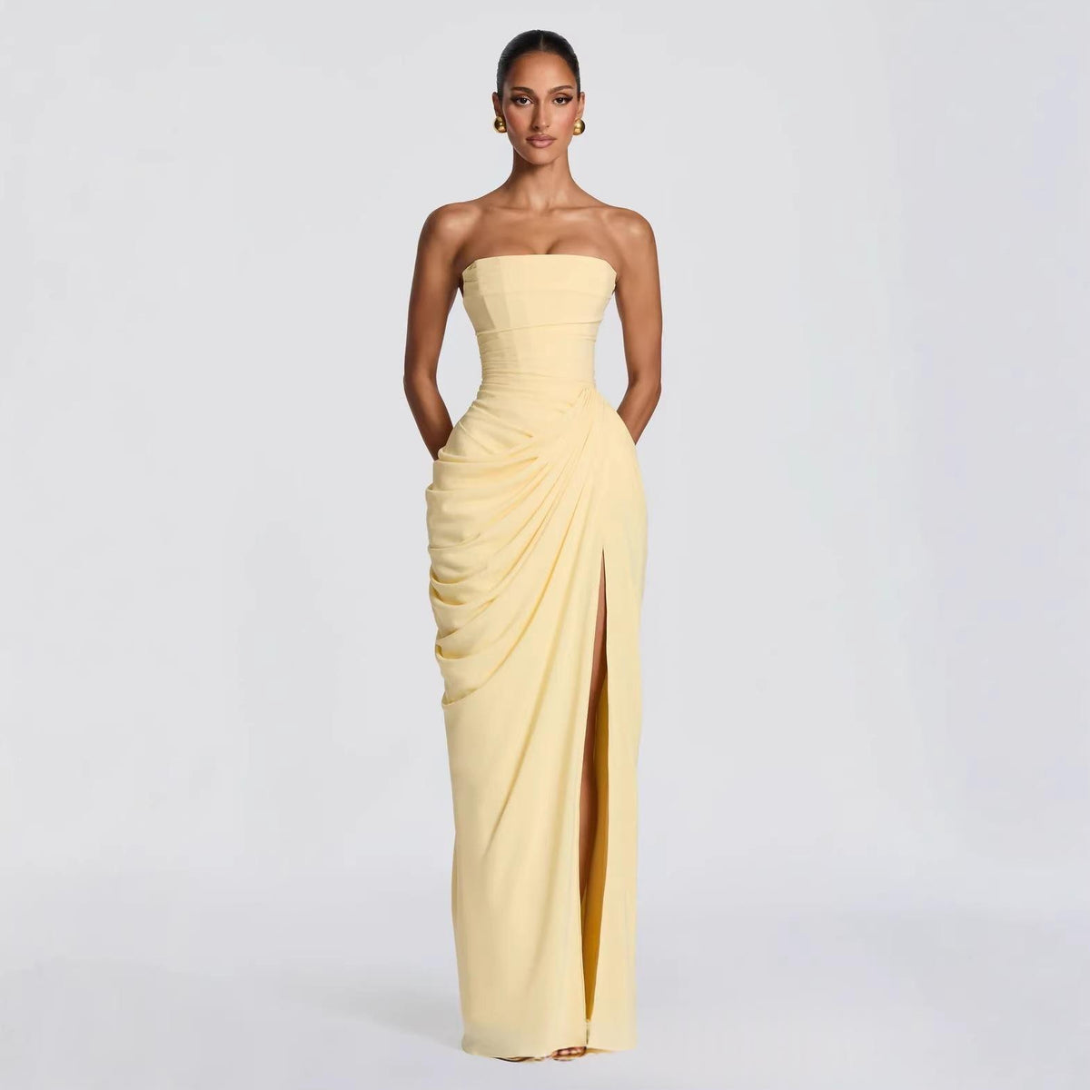 Reverie Strapless Slit Dress in white