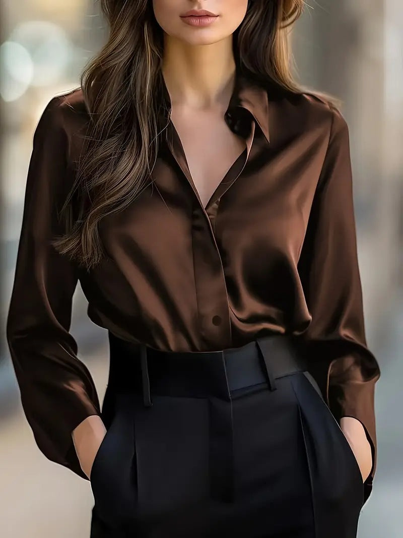Satin Collar Button-Up Blouse in blue