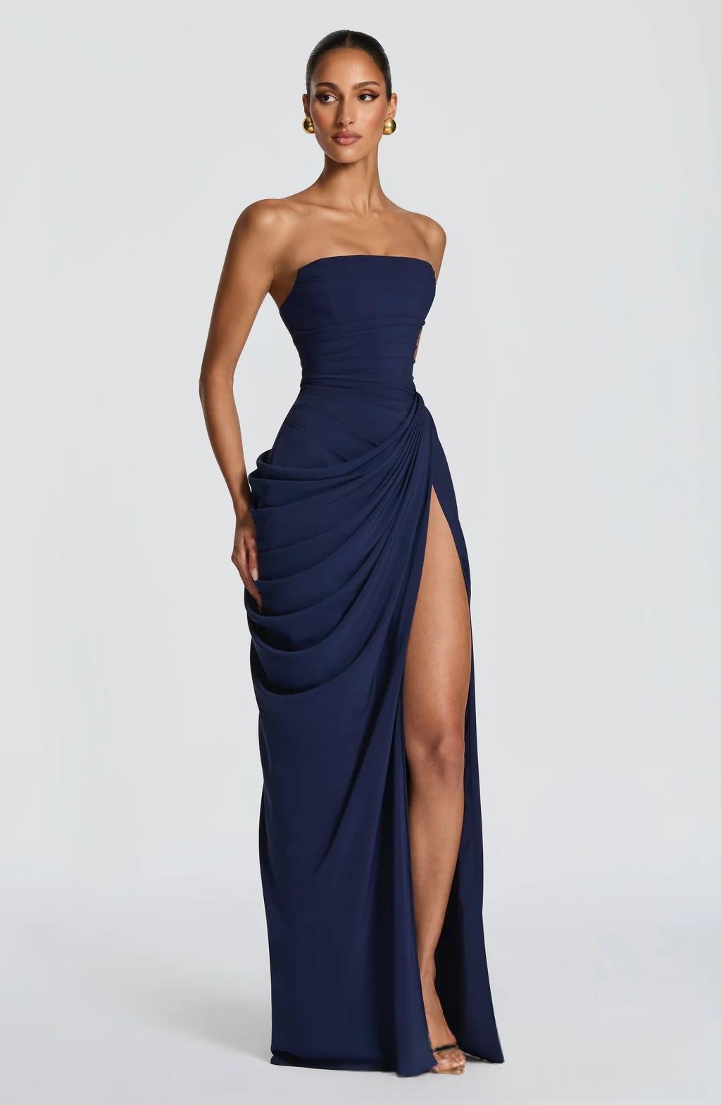 Reverie Strapless Slit Dress in light blue