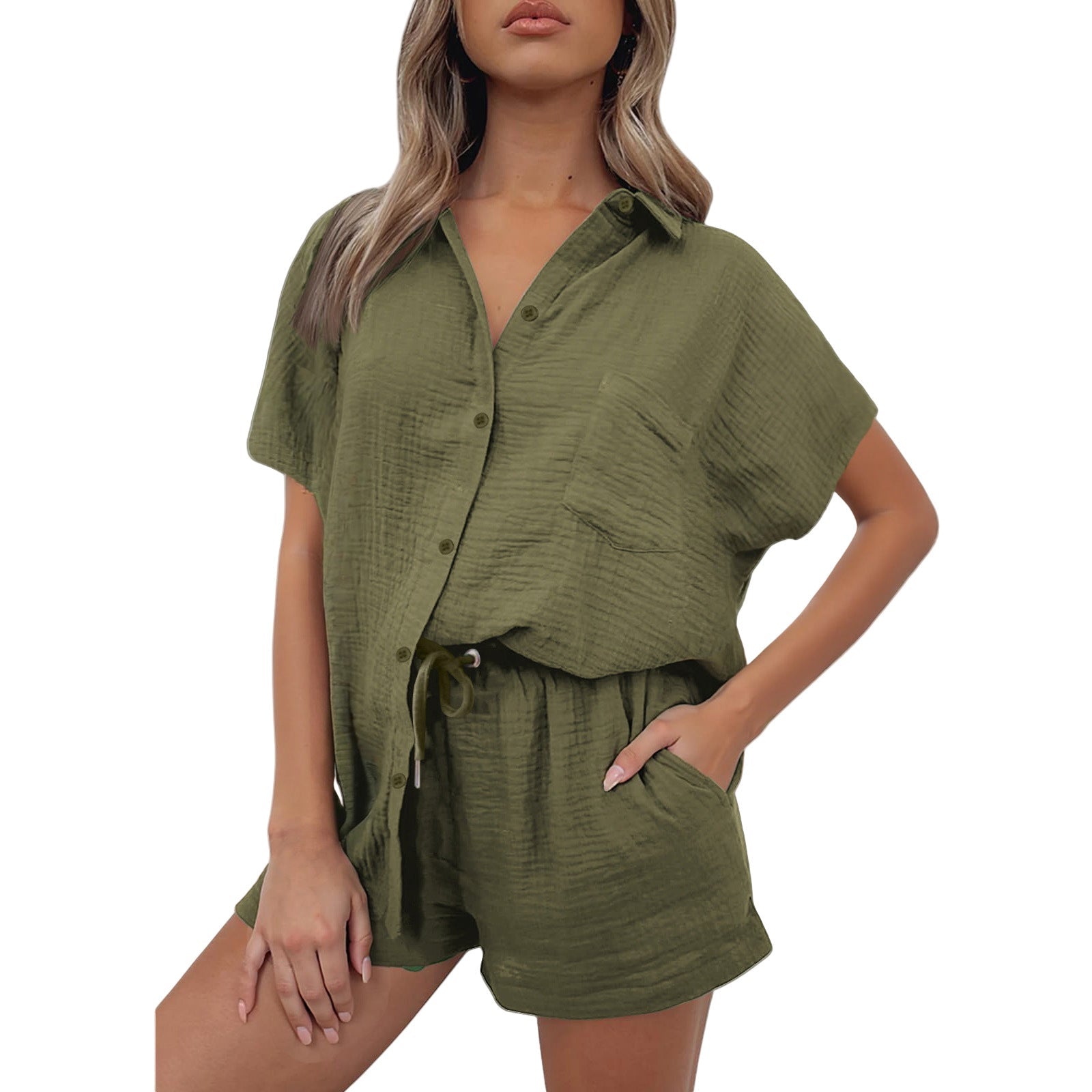 Casual Fashion Cotton And Linen Shirt And Shorts Set Womens Clothing - Undefyning Lynes