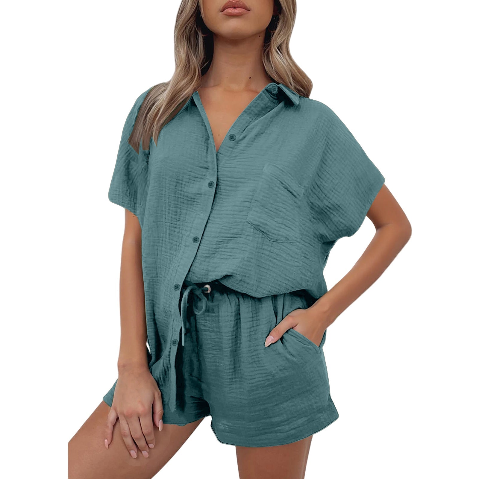 Casual Fashion Cotton And Linen Shirt And Shorts Set Womens Clothing - Undefyning Lynes