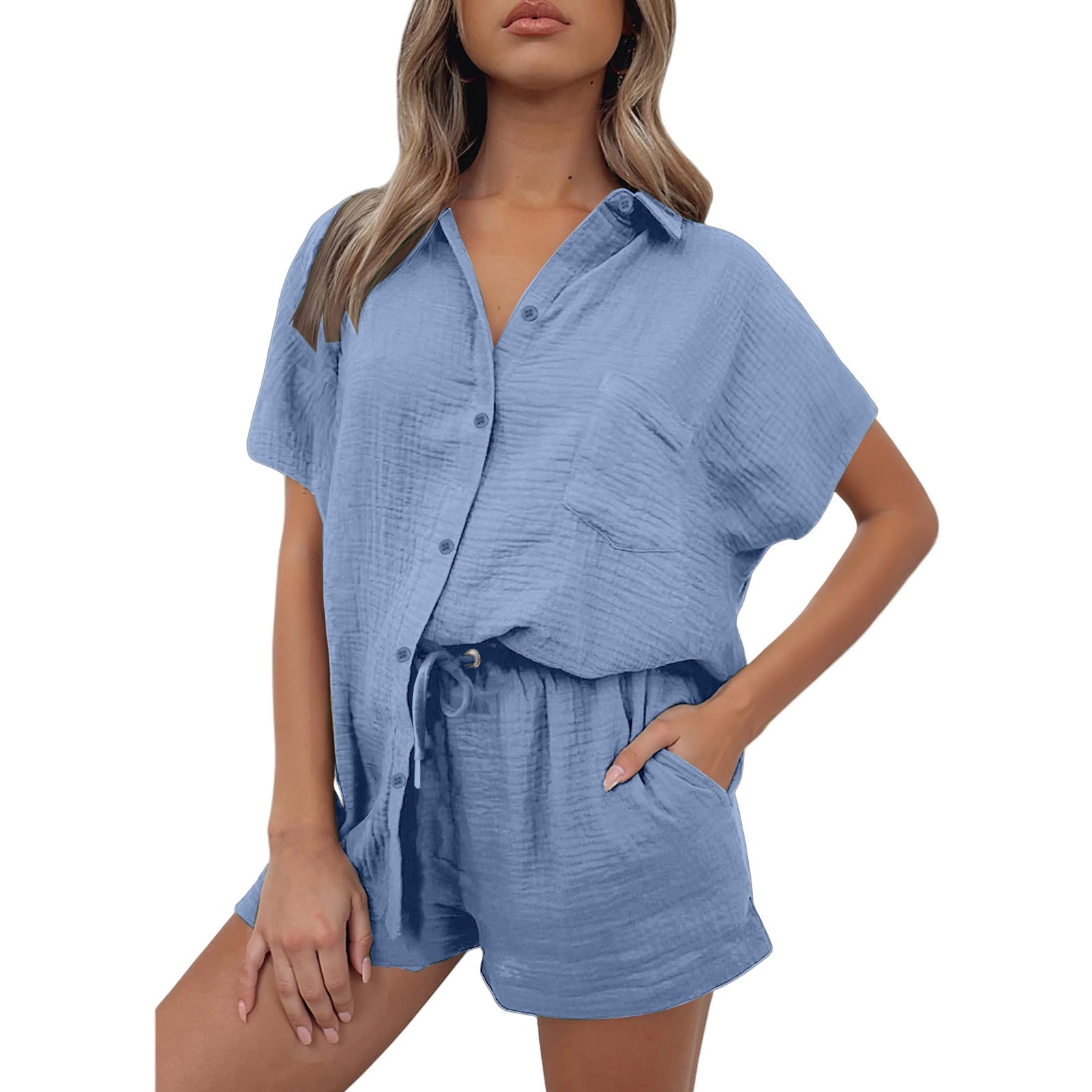 Casual Fashion Cotton And Linen Shirt And Shorts Set Womens Clothing - Undefyning Lynes