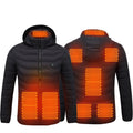 8-zone heated hooded jacket in black, front view