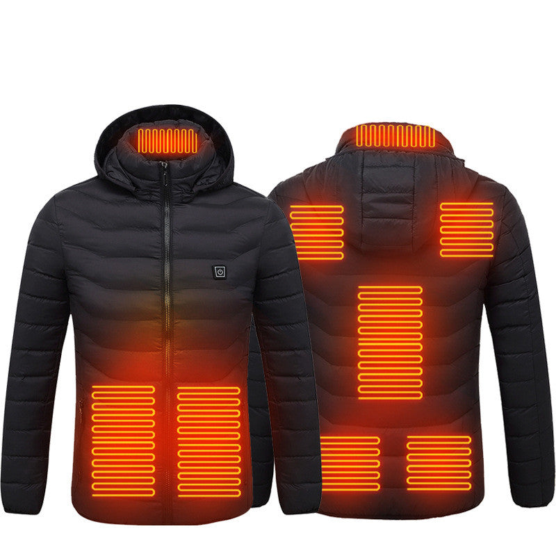8-zone heated hooded jacket in black, front view