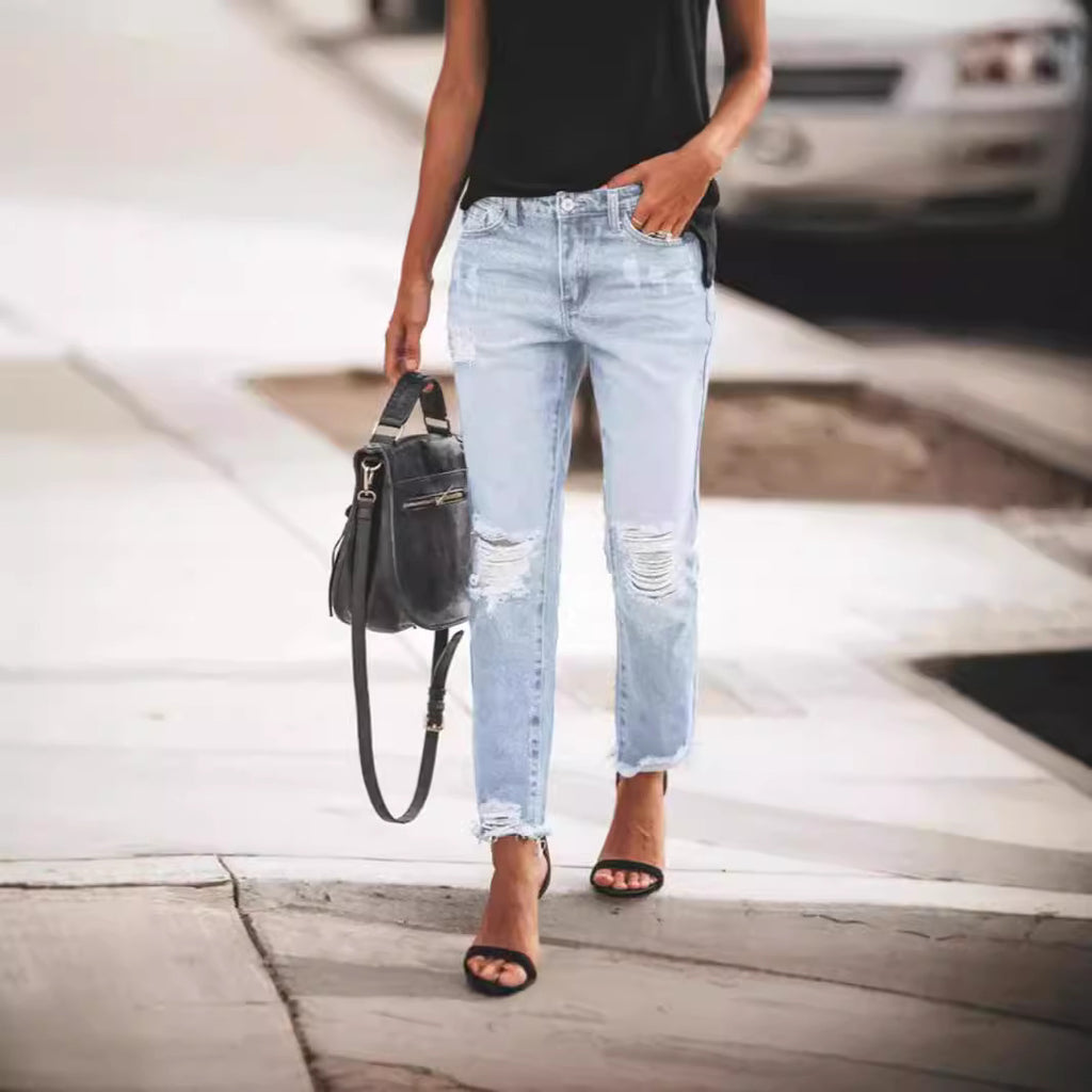 Juno Ripped Straight-Leg Jeans, view 8