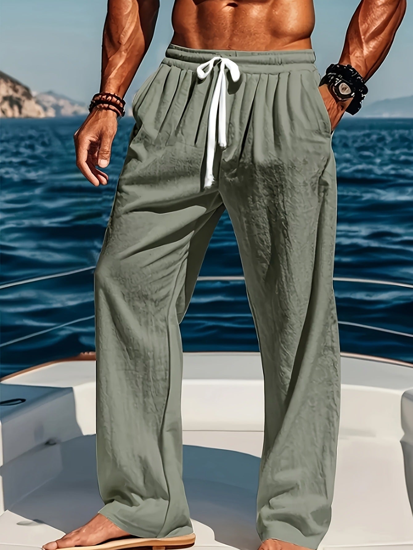 Coastal Breeze Linen-Blend Drawstring Trousers – Men's Relaxed Casual Pants - Undefyning Lynes