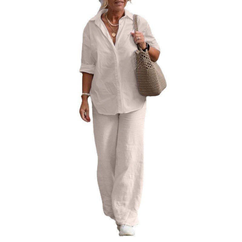 Cotton-Linen Long-Sleeve Shirt & Wide-Leg Pant Set – Women's Elegant Two-Piece - Undefyning Lynes