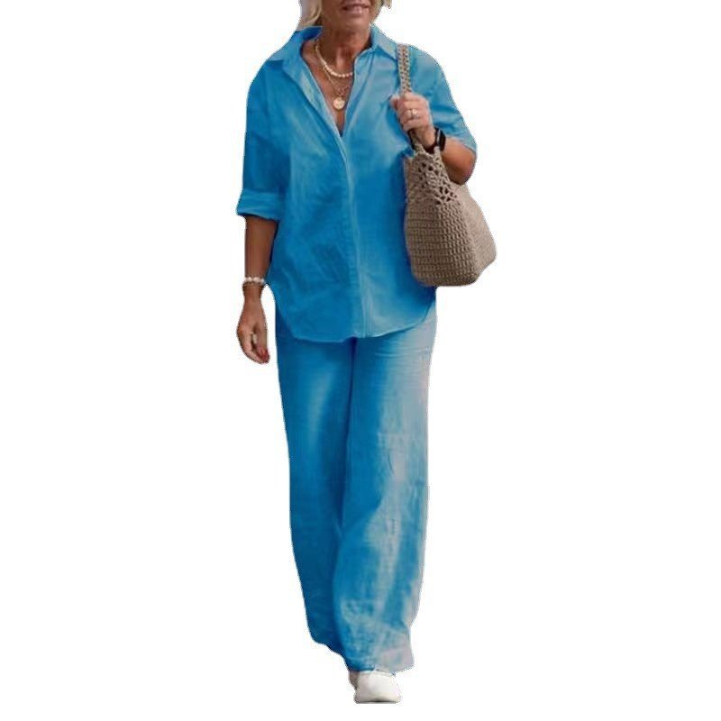 Cotton-Linen Long-Sleeve Shirt & Wide-Leg Pant Set – Women's Elegant Two-Piece - Undefyning Lynes