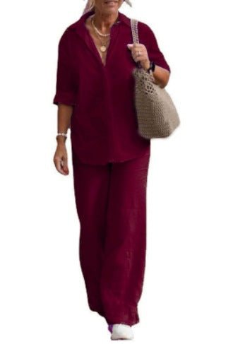 Cotton-Linen Long-Sleeve Shirt & Wide-Leg Pant Set – Women's Elegant Two-Piece - Undefyning Lynes