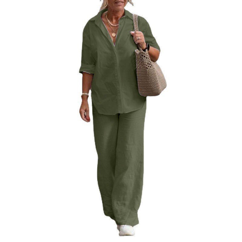 Cotton-Linen Long-Sleeve Shirt & Wide-Leg Pant Set – Women's Elegant Two-Piece - Undefyning Lynes