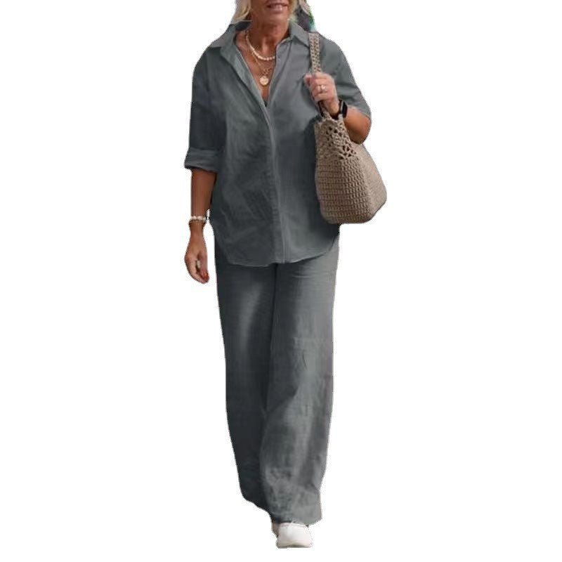 Cotton-Linen Long-Sleeve Shirt & Wide-Leg Pant Set – Women's Elegant Two-Piece - Undefyning Lynes
