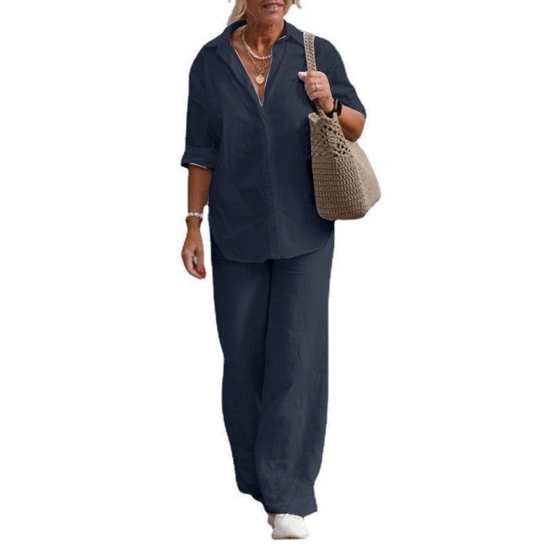 Cotton-Linen Long-Sleeve Shirt & Wide-Leg Pant Set – Women's Elegant Two-Piece - Undefyning Lynes