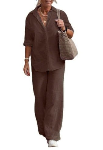 Cotton-Linen Long-Sleeve Shirt & Wide-Leg Pant Set – Women's Elegant Two-Piece - Undefyning Lynes