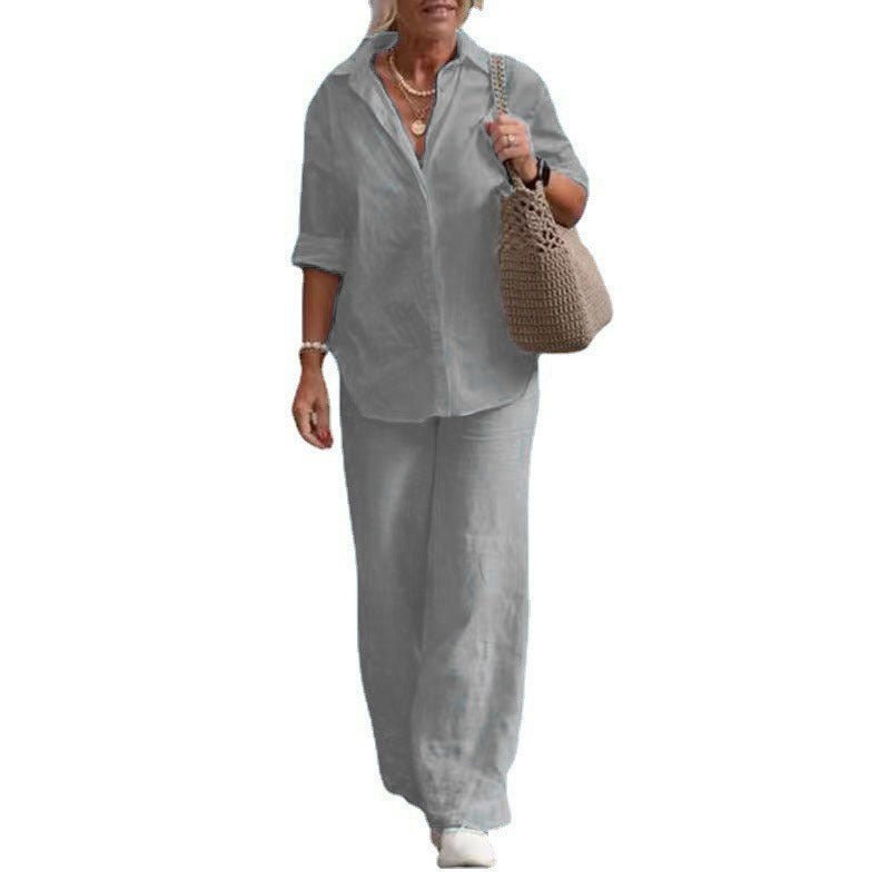Cotton-Linen Long-Sleeve Shirt & Wide-Leg Pant Set – Women's Elegant Two-Piece - Undefyning Lynes
