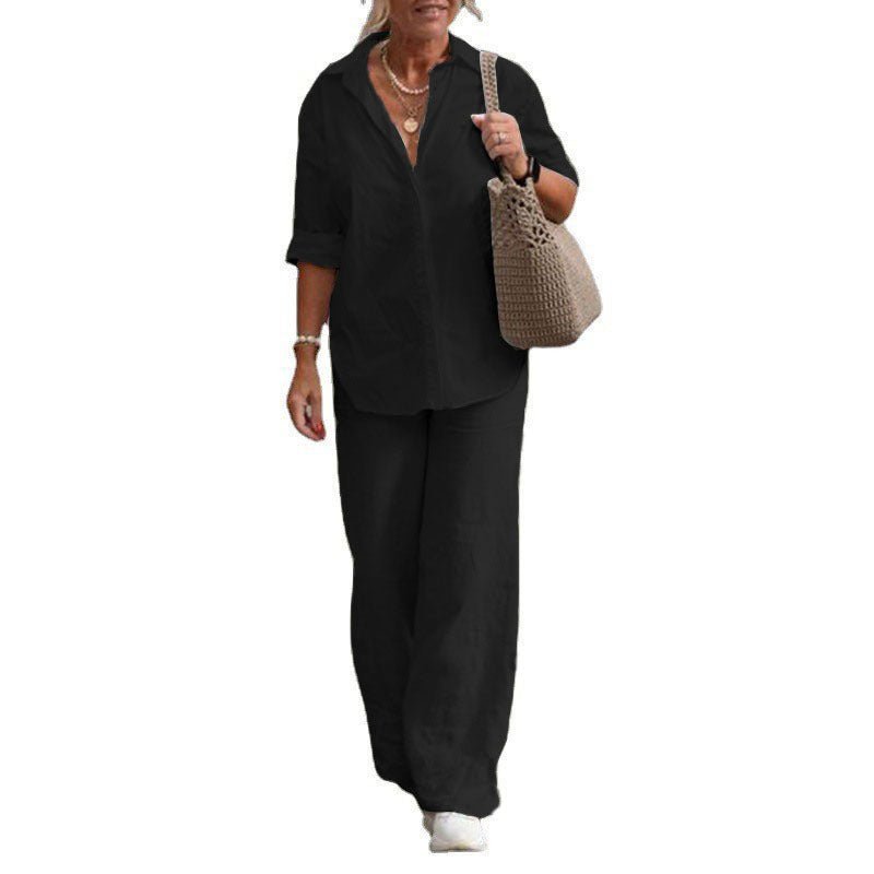 Cotton-Linen Long-Sleeve Shirt & Wide-Leg Pant Set – Women's Elegant Two-Piece - Undefyning Lynes
