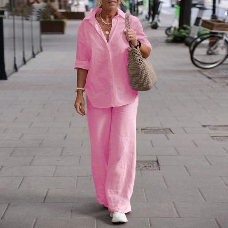 Cotton-Linen Long-Sleeve Shirt & Wide-Leg Pant Set – Women's Elegant Two-Piece - Undefyning Lynes