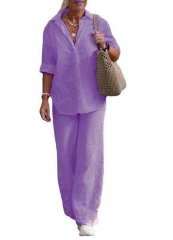 Cotton-Linen Long-Sleeve Shirt & Wide-Leg Pant Set – Women's Elegant Two-Piece - Undefyning Lynes