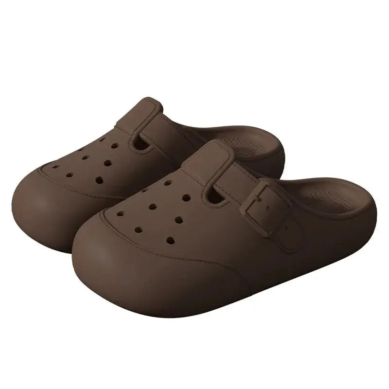 Brown slip-on clogs with buckle and ventilation holes, casual unisex footwear