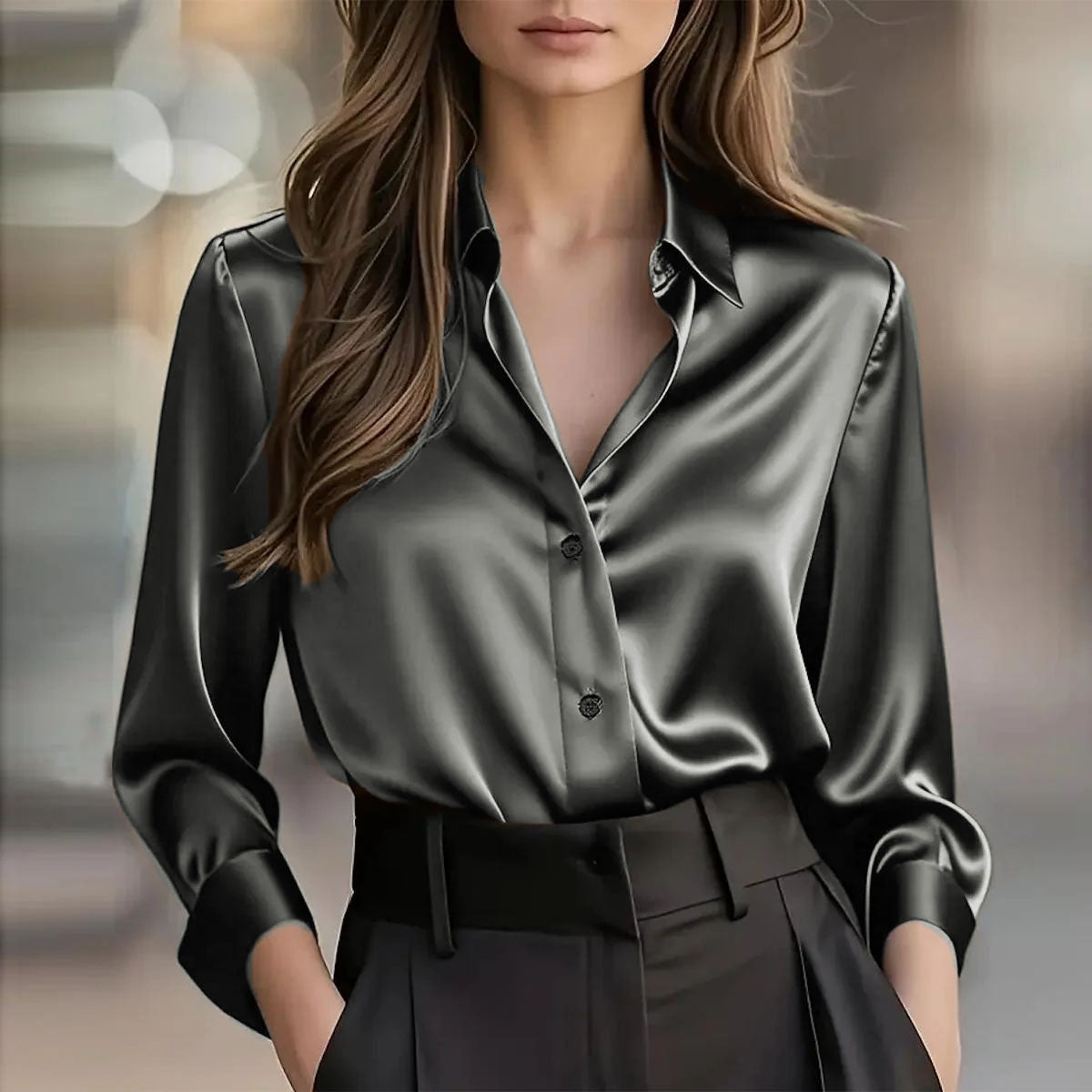 Satin Collar Button-Up Blouse, view 16