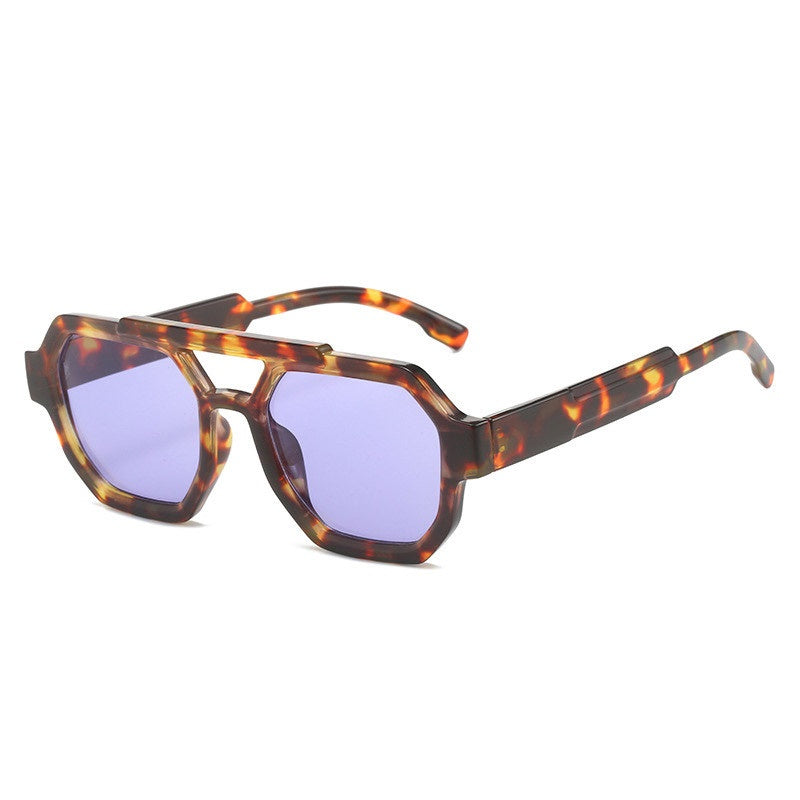 Double-Beam Pilot Sunglasses in leopard frame purple lens