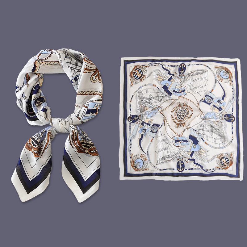 Golden Wheat silk-feel square scarf with intricate pattern, versatile fashion accessory by Dropshipman, draped elegantly.