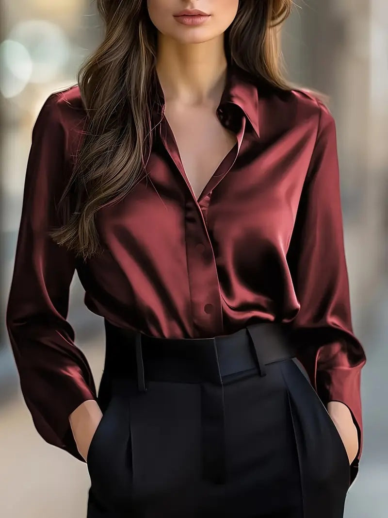 Satin Collar Button-Up Blouse - back view