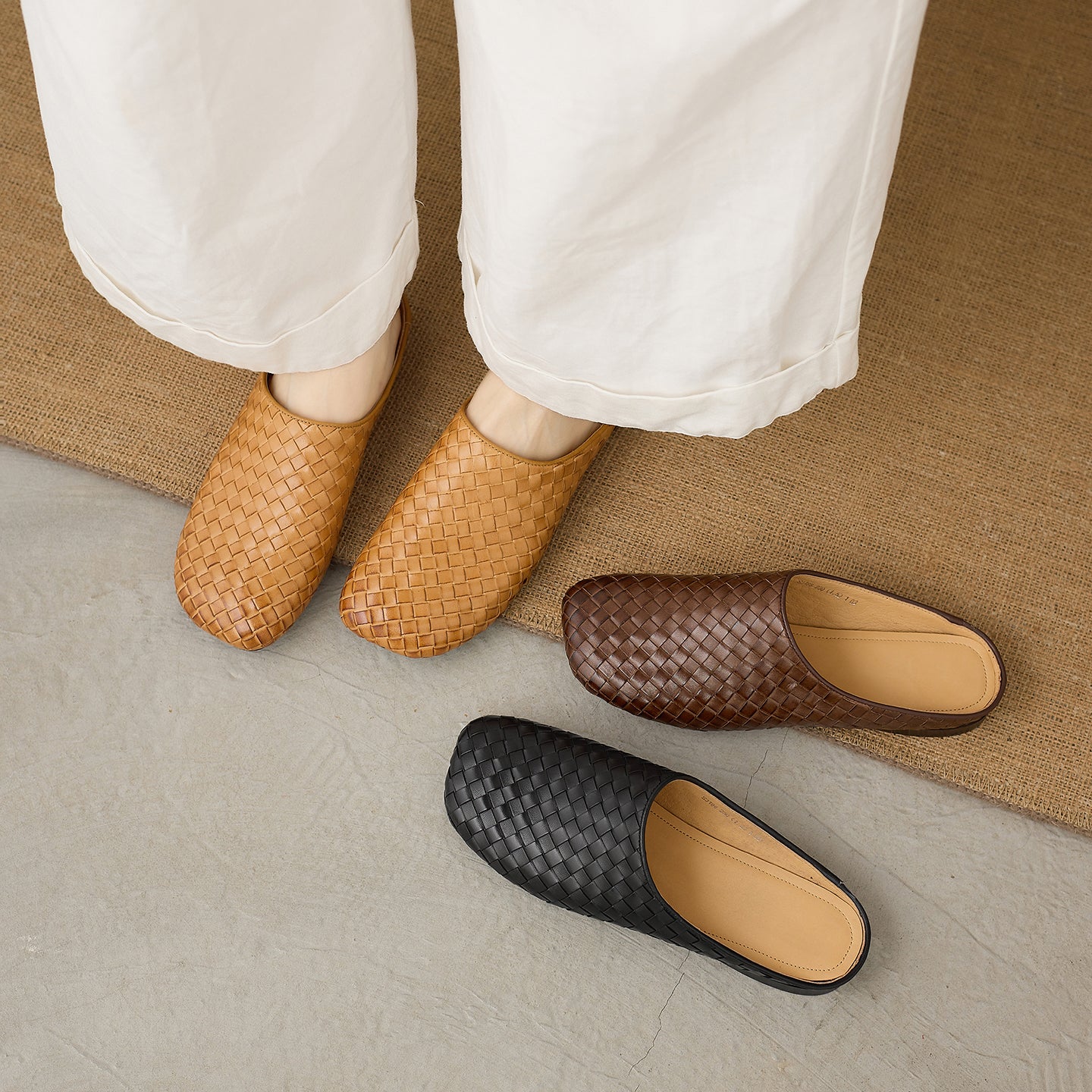 Women's Handwoven Full-Grain Leather Mules — Square Toe Slip-On Slides Undefyning Lynes