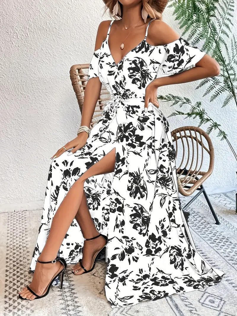 Effortless Elegance: Floral Off-Shoulder Split Maxi Dress with Belt - Undefyning Lynes