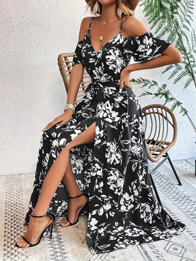 Effortless Elegance: Floral Off-Shoulder Split Maxi Dress with Belt - Undefyning Lynes