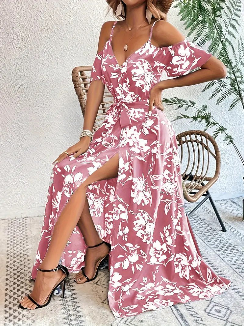 Effortless Elegance: Floral Off-Shoulder Split Maxi Dress with Belt - Undefyning Lynes