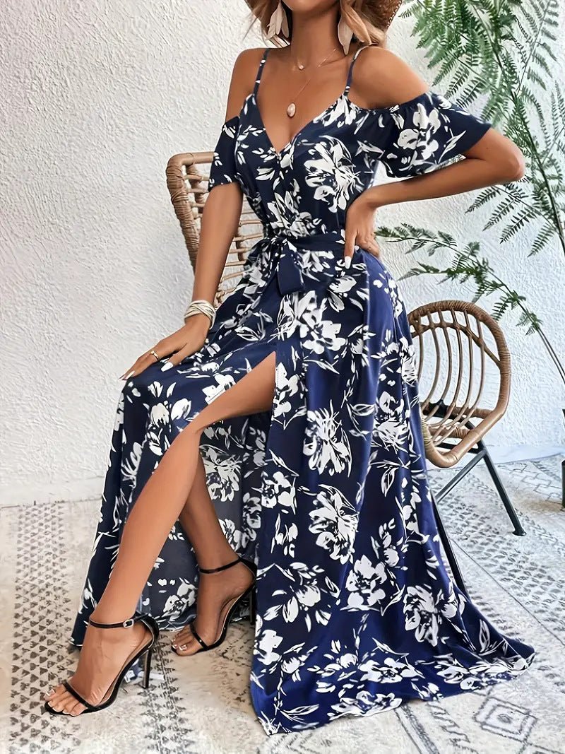 Effortless Elegance: Floral Off-Shoulder Split Maxi Dress with Belt - Undefyning Lynes