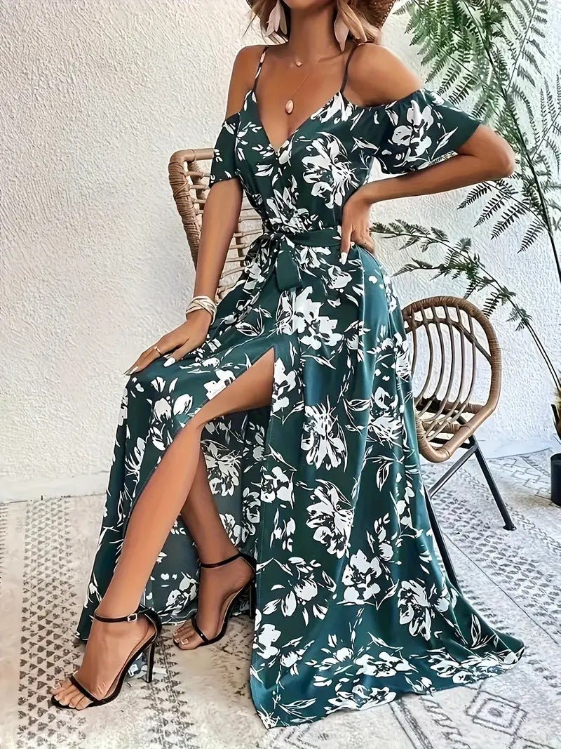 Effortless Elegance: Floral Off-Shoulder Split Maxi Dress with Belt - Undefyning Lynes